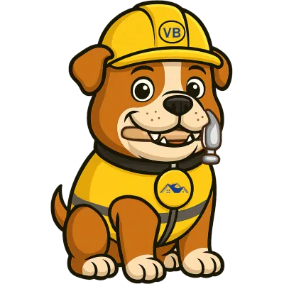 V&B Roofing bulldog mascot wearing a yellow hard hat