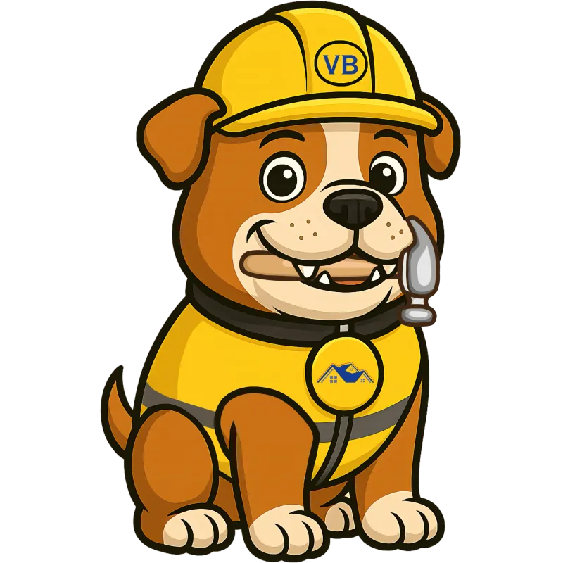V&B Roofing bulldog mascot wearing a yellow hard hat