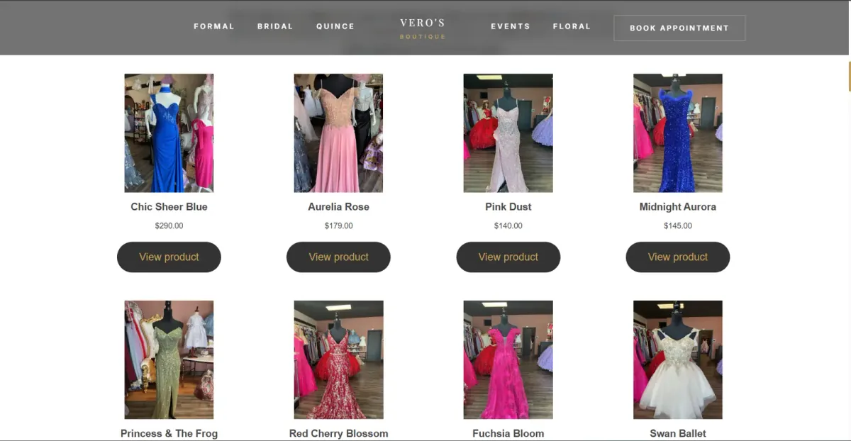 Vero's Boutique online catalog showing formal dresses with prices