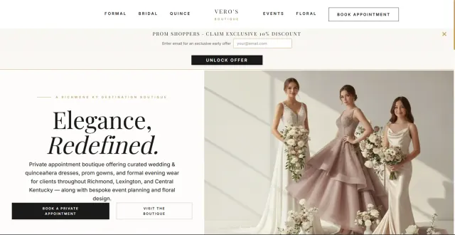 Vero's Boutique homepage with the headline Elegance, Redefined and a bridal photo